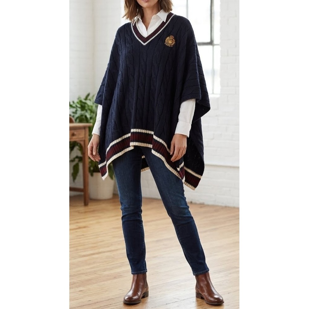 RALPH LAUREN Cozy Boho Chic Knit Navy Burgundy Logo poncho One Size i.